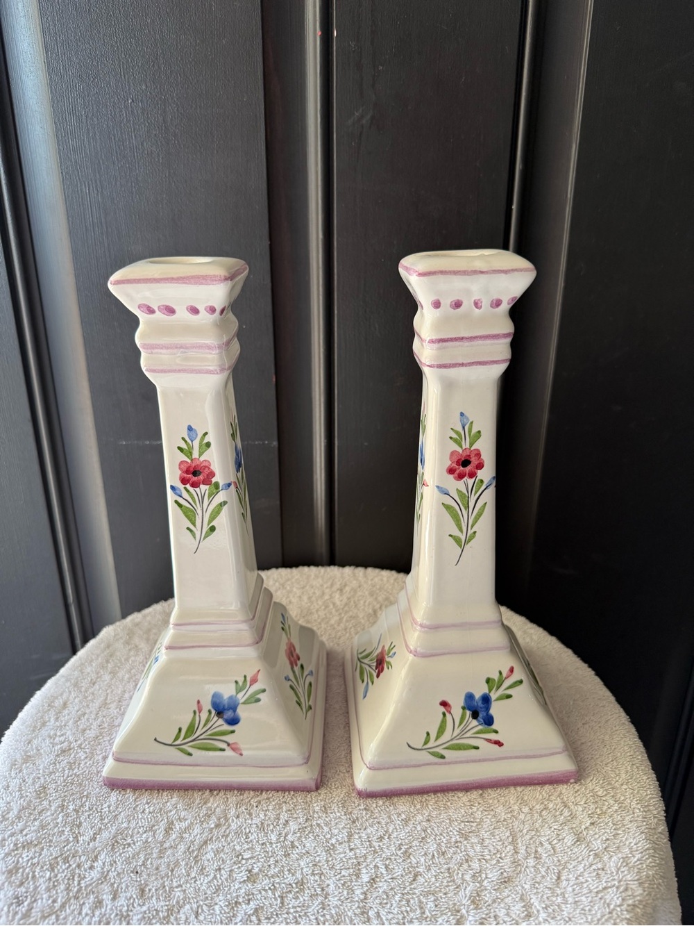 Pair Of 2 Taper Candle Holders Hand Painted Portugal 10” Signed Flowers
